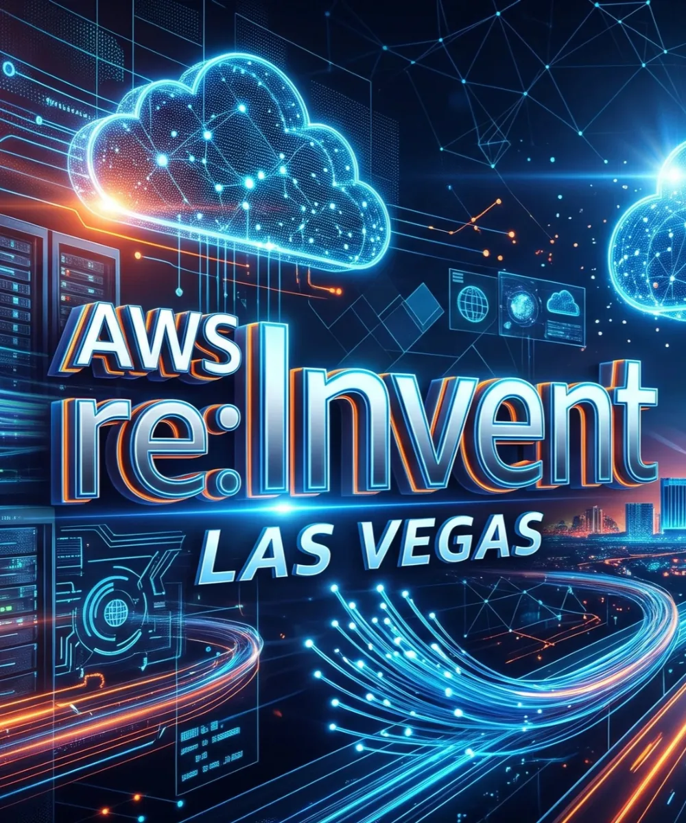 AWS re:Invent 2026 Las Vegas conference artwork featuring cloud computing infrastructure, digital networks, and enterprise technology.