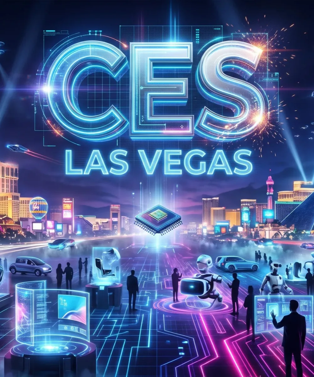 CES 2027 Las Vegas convention artwork featuring consumer electronics, digital technology displays, and the Las Vegas skyline.