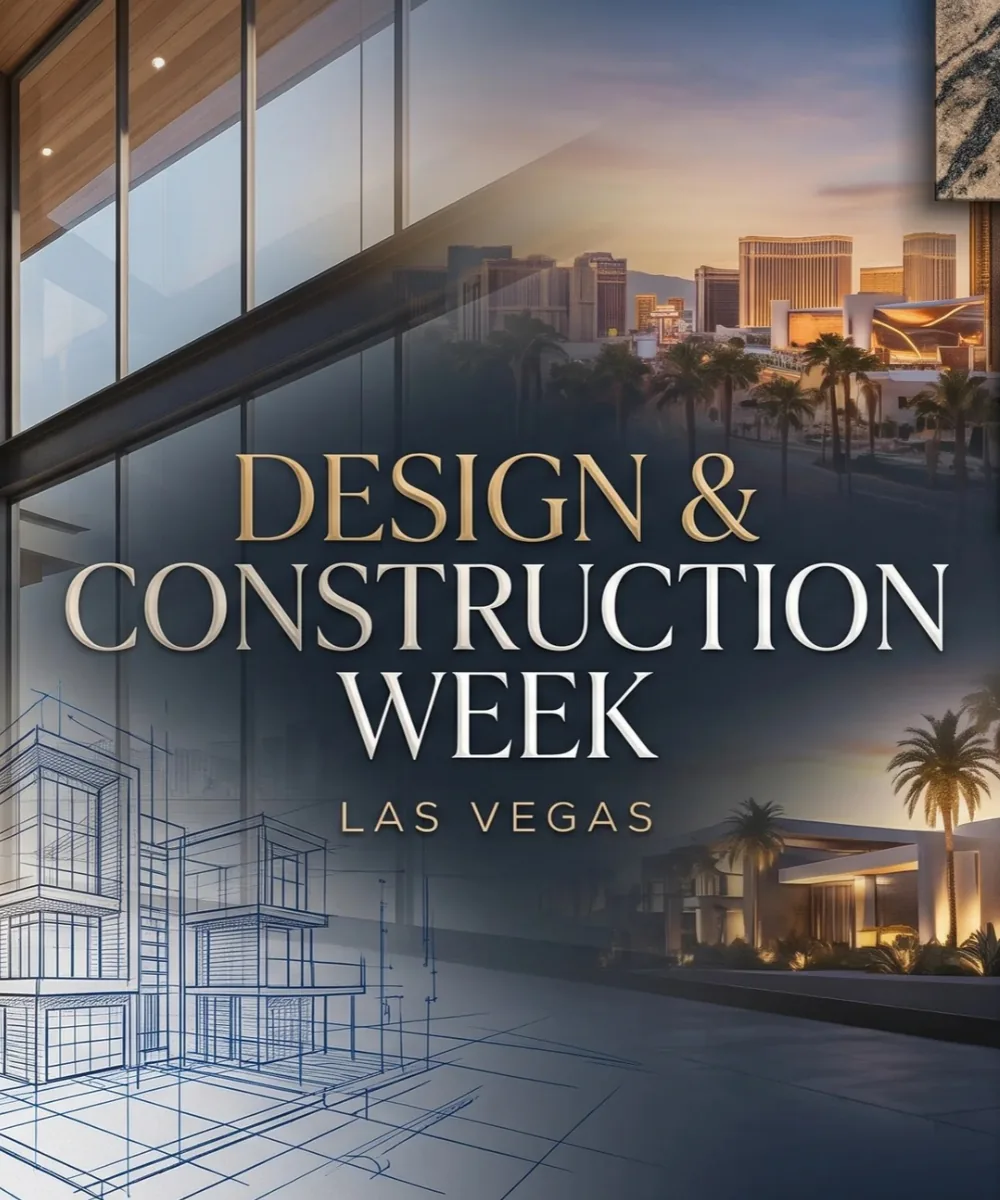 Design & Construction Week 2027 Las Vegas artwork featuring modern architecture, building materials, and construction blueprints.