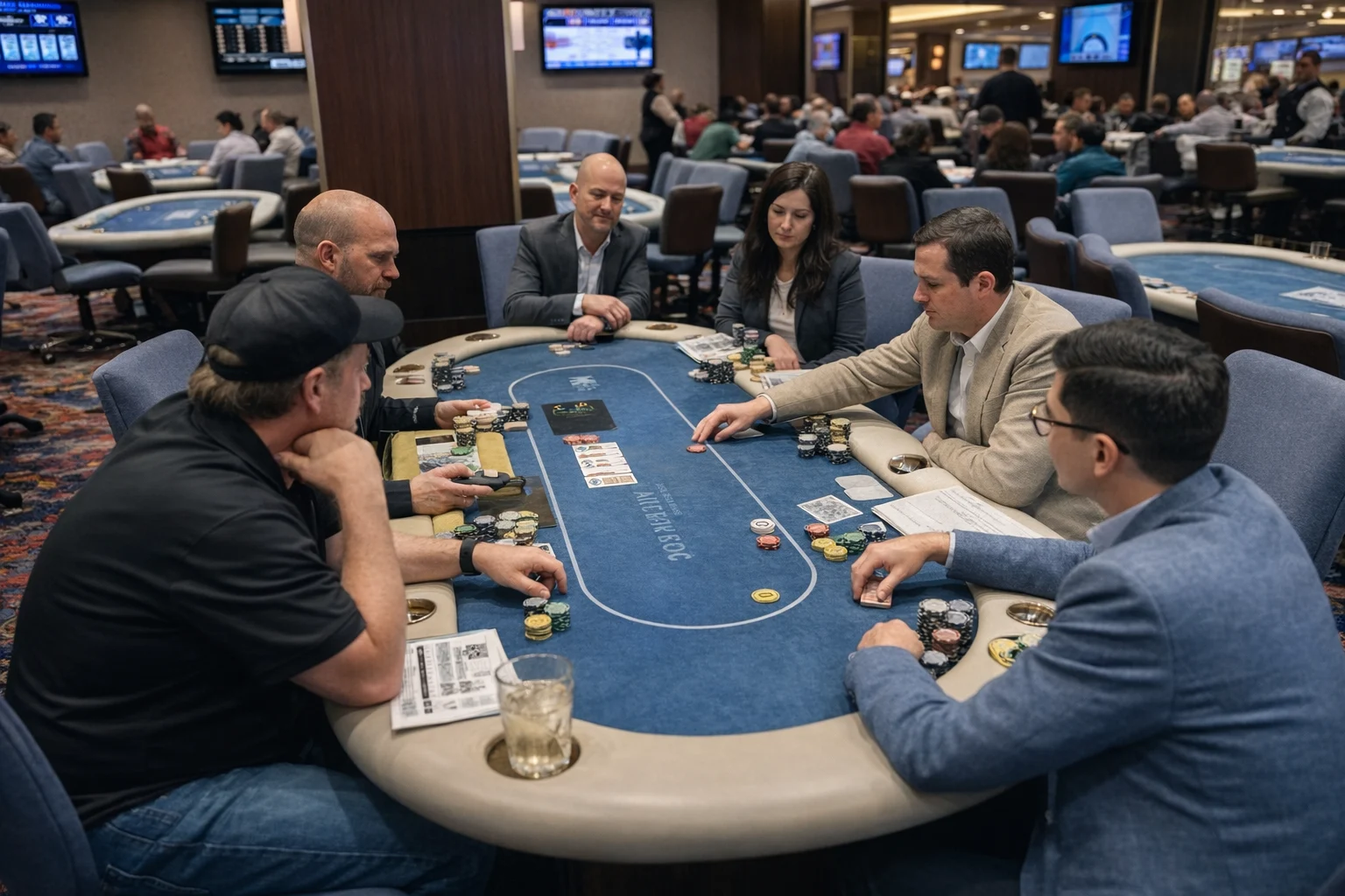Playing cards and poker chips on the table during professional poker instruction.