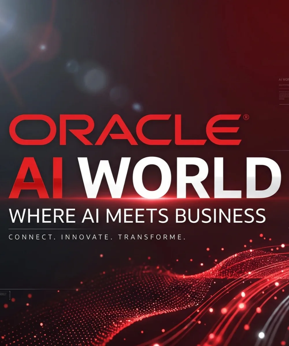 Oracle AI World 2026 Las Vegas conference artwork featuring artificial intelligence, red digital networks, and data visualizations.