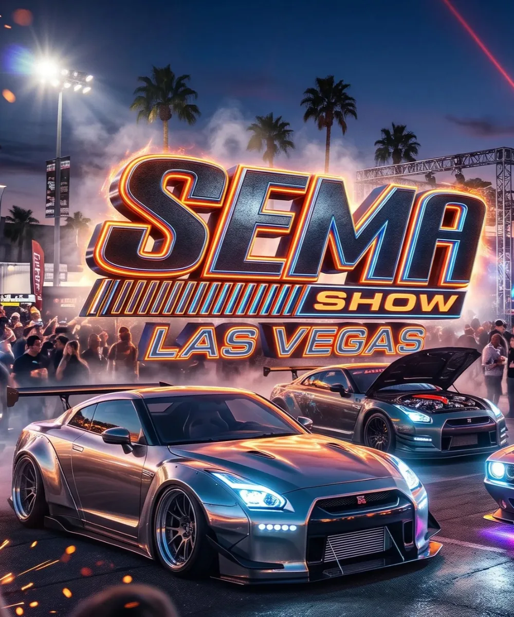 Customized performance cars under exhibition lighting representing the SEMA Show 2026 automotive trade show in Las Vegas.