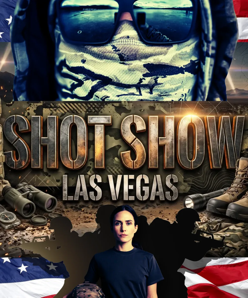 SHOT Show 2027 Las Vegas trade show artwork featuring tactical equipment, outdoor gear, and a desert landscape.