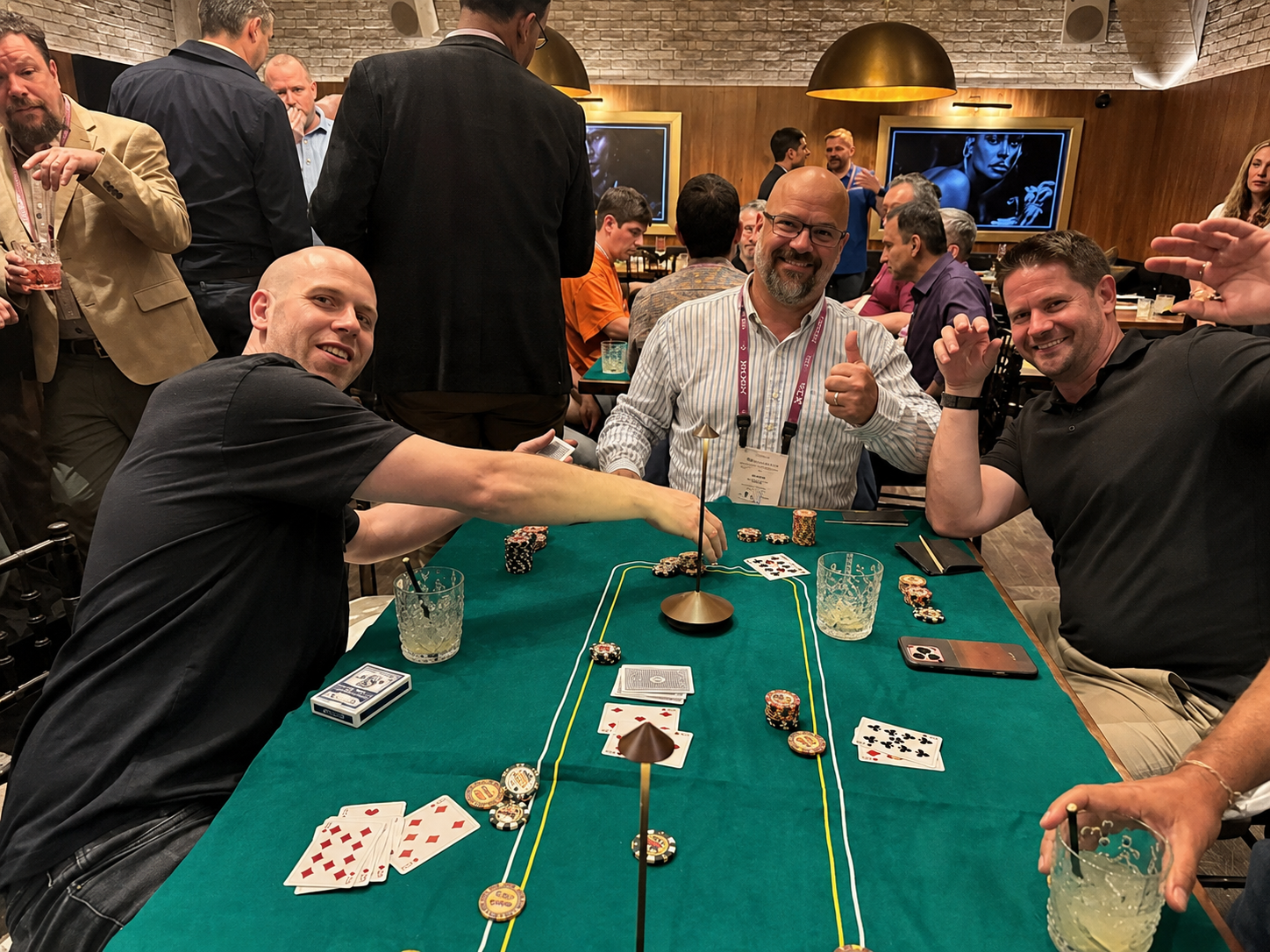 Poker tables and hospitality setup prepared for a private Las Vegas corporate event.