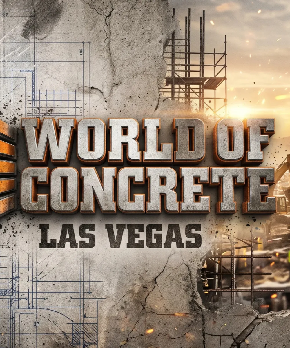 World of Concrete 2027 Las Vegas trade show artwork featuring construction equipment, concrete trucks, and architectural blueprints.